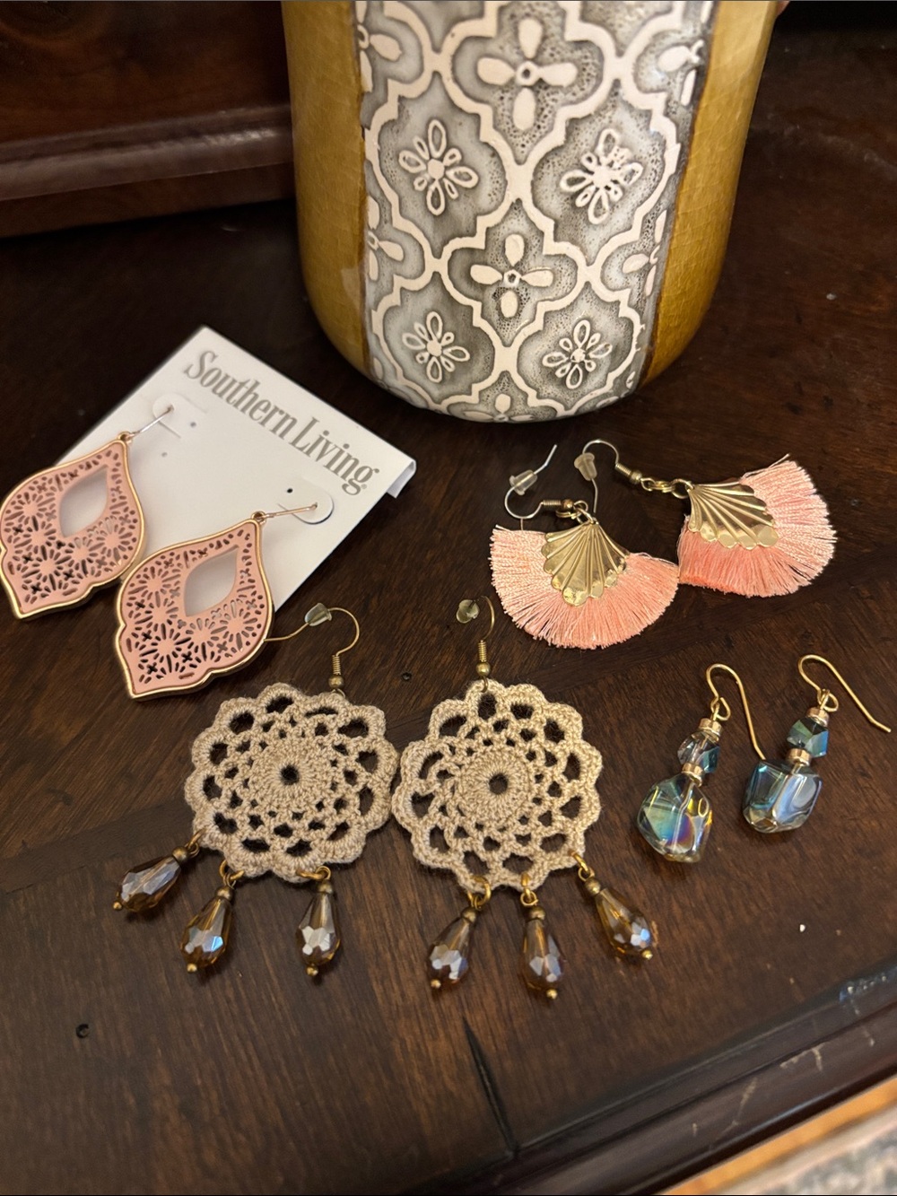 Southern Living Pink Tassel Fan and Crochet Statement Earring Set